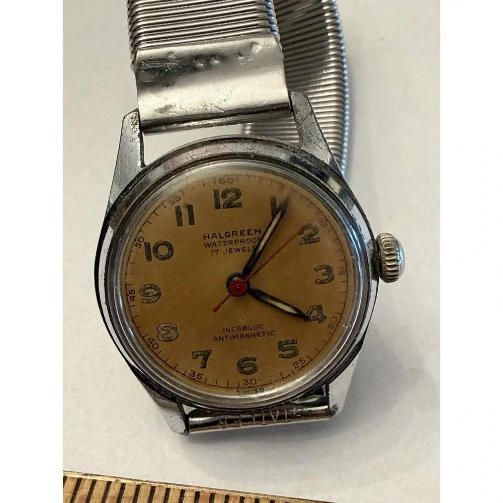 Vintage HALGREEN Incabloc Watch 17 Jewels Waterproof Manual Wind - Working